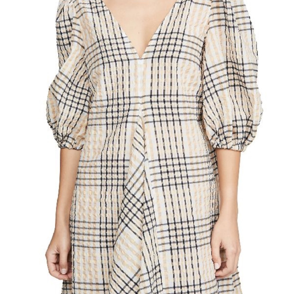 Ganni Cream Seersucker Trapeze Dress with Puff Sleeves and V-Neck NWOT